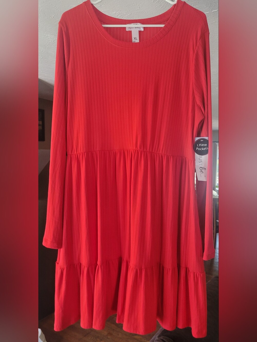 just be Vibrant Red Ribbed Long-Sleeve Tiered Flowy Dress with Pockets